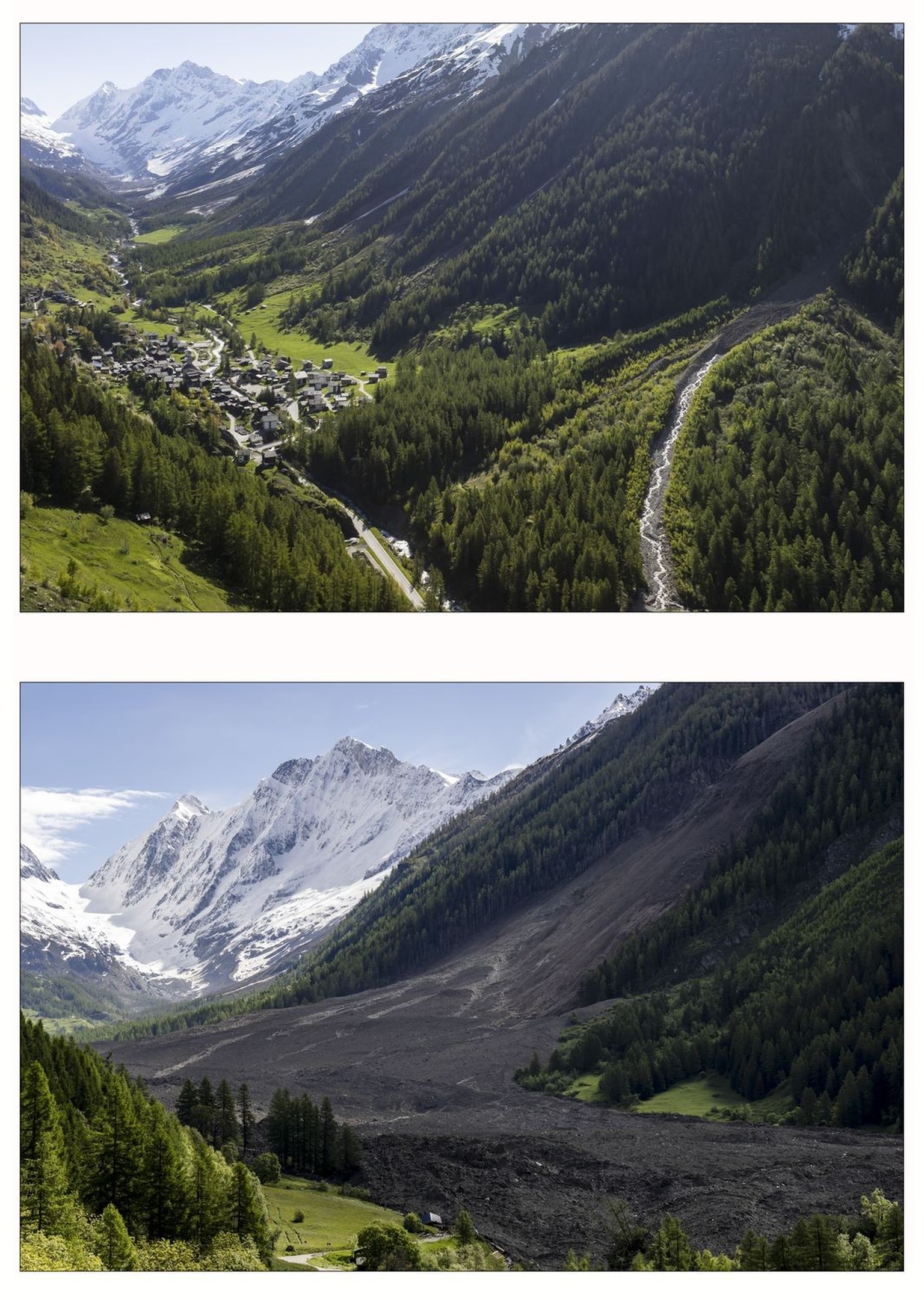 This combo picture shows a view of the village of Blatten taken on May 18, 2025 (top), and a view captured one day after a massive avalanche triggered by the collapse of the Birch Glacier swept down t ...