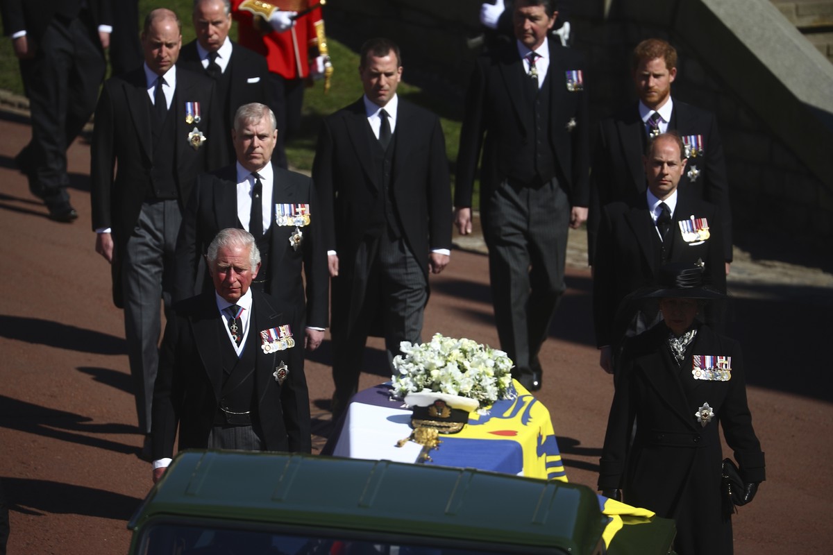 Members of the Royal family follow the coffin of Britain's Prince Philip during his funeral inside Windsor Castle in Windsor, England, Saturday, April 17, 2021. Prince Philip died April 9 at the  ...