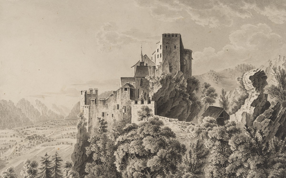 Die Burg Neu-Falkenstein auf einer Darstellung von 1820.
https://permalink.nationalmuseum.ch/100139982