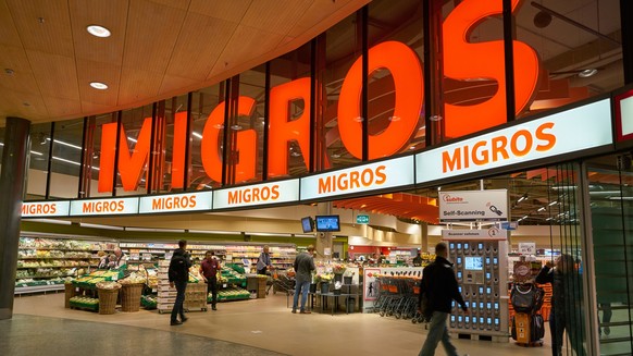 Migros Flughafen, ZURICH, SWITZERLAND - CIRCA OCTOBER, 2018: entrance to Migros supermarket in Zurich International Airport. Migros is Switzerlands largest retail company