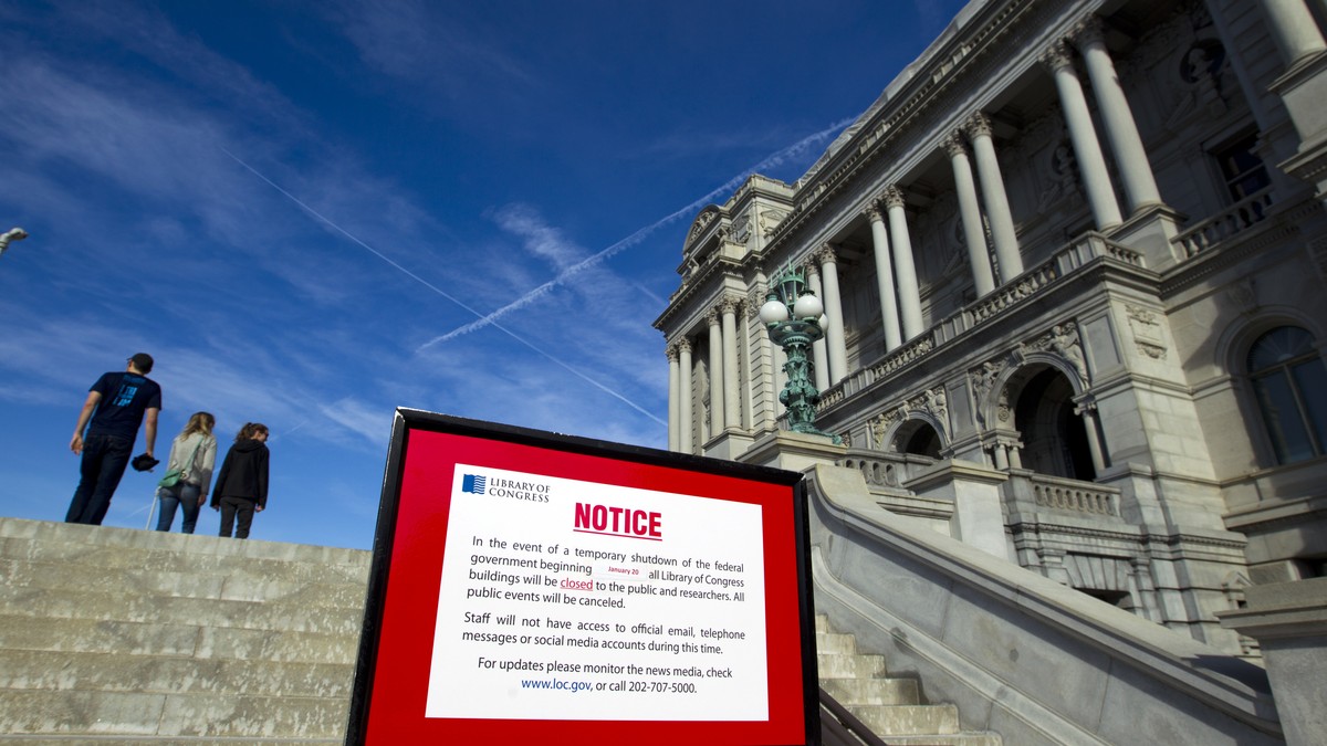 Library of Congress post a sign letting people know is closed due the shut down of the government on Saturday, Jan. 20, 2018, at the Capitol in Washington. The federal government shut down at the stro ...