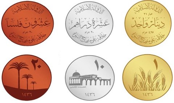 Illustrationen der Kupfer-, Silber- und Goldmünzen des IS.