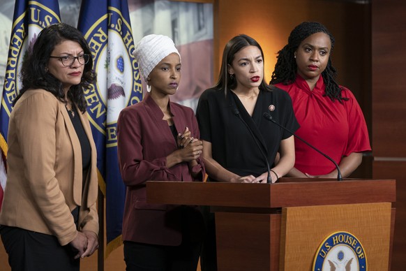 FILE - In this July 15, 2019, file photo, from left, Rep. Rashida Tlaib, D-Mich., Rep. Ilhan Omar, D-Minn., Rep. Alexandria Ocasio-Cortez, D-N.Y., and Rep. Ayanna Pressley, D-Mass., respond to remarks ...