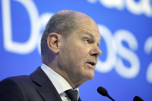 German Chancellor Olaf Scholz speaking at the World Economic Forum in Davos, Switzerland on Wednesday, January 18, 2023.  The annual meeting of the World Economic Forum will take place in Davos from January 1 ...