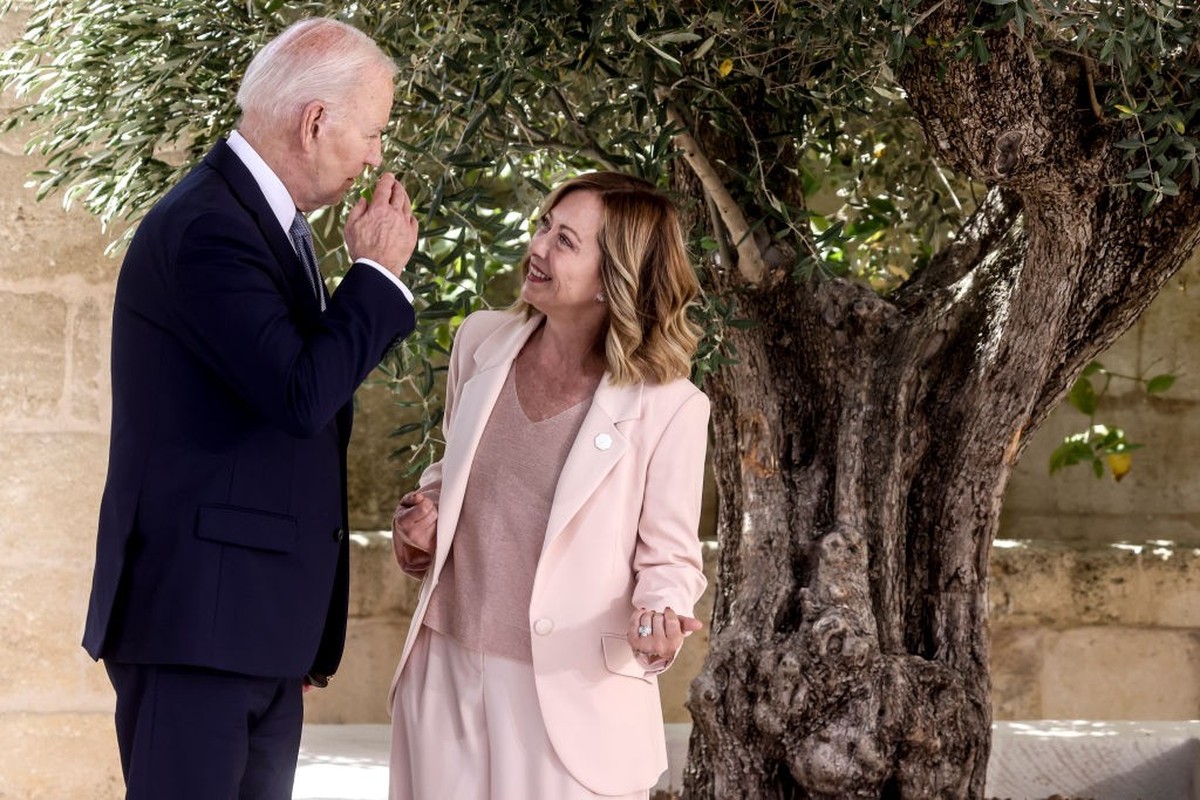 FASANO, ITALY - JUNE 13: Italy's Prime Minister Giorgia Meloni welcomes US President Joe Biden during the first day of the G7 meeting at Borgo Egnazia resort, on June 13, 2024 in Fasano, Italy. ( ...
