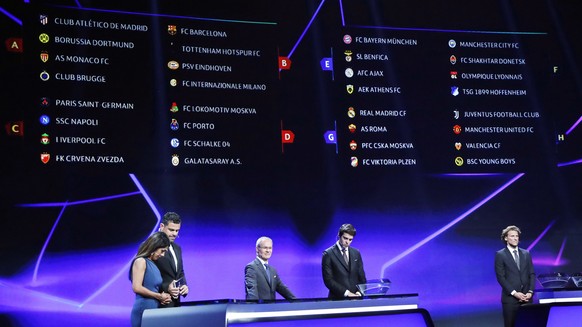 epa06984783 The group fixtures are displayed on an electronic panel during the UEFA Champions League Group Stage Draw and Awards in Monaco, 30 August 2018. EPA/GUILLAUME HORCAJUELO