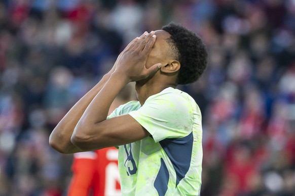 Switzerland's Alvyn Sanches reacts, during a friendly soccer match between Norway and Switzerland at the Ullevaal Stadium in Oslo, Norway, Tuesday, March 31, 2026. (KEYSTONE/Cyril Zingaro)