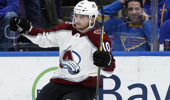 Colorado Avalanche&#039;s Sven Andrighetto, of Switzerland, celebrates after scoring during the first period of an NHL hockey game against the St. Louis Blues Friday, Dec. 14, 2018, in St. Louis. (AP  ...