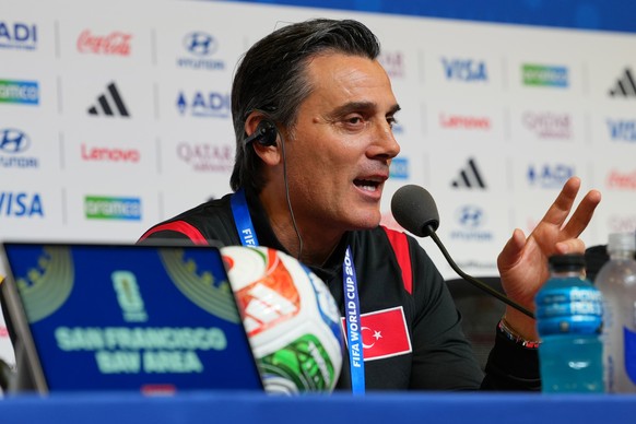 Turkey head coach Vincenzo Montella speaks during a news conference ahead of the World Cup Group D soccer match against Paraguay, Wednesday, June 18, 2026, in Santa Clara, Calif. (AP Photo/Eugene Hosh ...