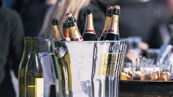 Beverages and snacks pictured at the White Turf horse race, which takes place every winter on the frozen Lake St. Moritz, in St. Moritz, Canton of Grisons, Switzerland, on February 19, 2017. (KEYSTONE ...