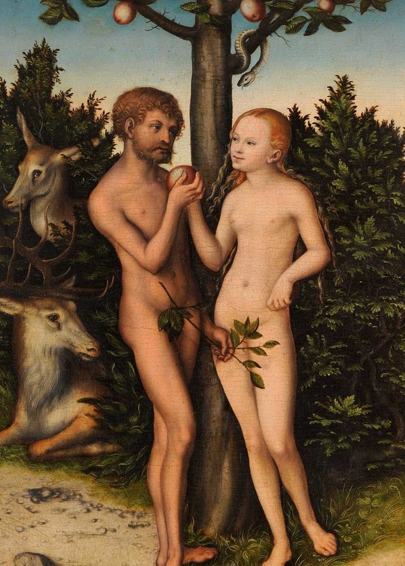 Eva verführt Adam zum Biss in den Apfel: Der Sündenfall von Lucas Cranach der Ältere, 1532.
https://commons.wikimedia.org/wiki/File:Lucas_Cranach_d.%C3%84._-_Adam_und_Eva_(Magdeburg).jpg?uselang=de