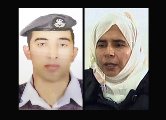 Geiseltausch: Links der vom IS gefangen gehaltene jordanische Pilot, rechts die Dschihadistin Sadschida al-Ridschawi.&nbsp;