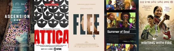 This combination of photos shows promotional art for the Oscar nominees for best documentary feature, from left, "Ascension," "Attica," "Flee," "Summer of Soul (...O ...