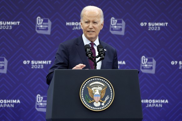 epa10643198 U.S. President Joe Biden speaks at a press conference following the Summit of the Leaders of the Group of Seven (G7) in Hiroshima, Japan, May 21, 2023. EPA/Kiyoshi Ota / POOL