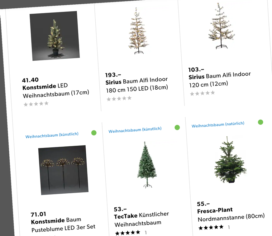 Weihnachtsbäume aus Kunststoff und aus Holz. Digitec Galaxus bietet neu einen «Nachhaltigkeitsfilter» an, so dass man gezielt nach nachhaltigen Produkten suchen kann.