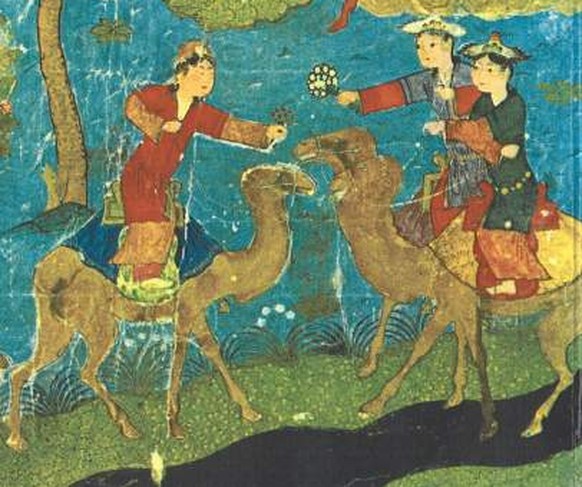 Huris reiten im Paradies auf Kamelen. (Persisch, 15. Jahrhundert)