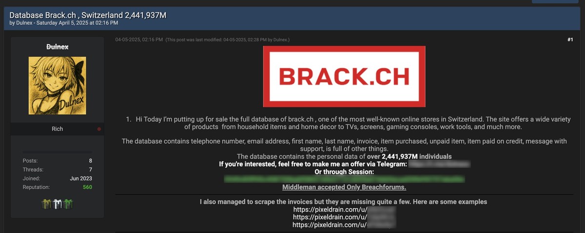 BreachForums Screenshot zu angeblichem Hackerangriff auf Brack.ch