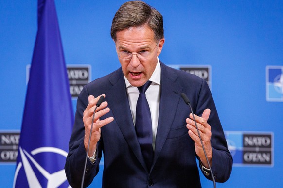 epa11649393 NATO Secretary General Mark Rutte speaks during a press conference with Finnish President Alexander Stubb, at the NATO Headquarters in Brussels, Belgium, 08 October 2024. EPA/OLIVIER MATTH ...
