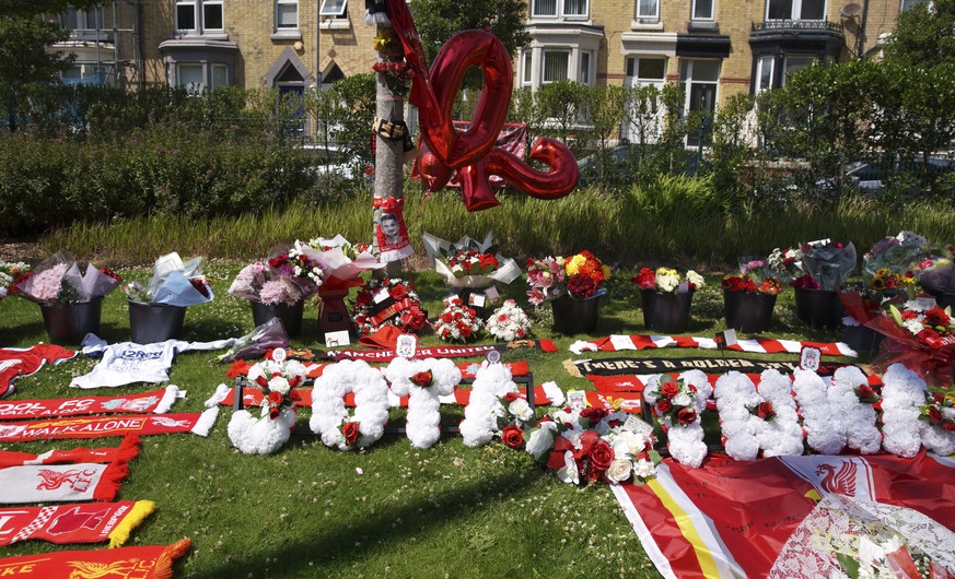 Tributes in memory of Liverpool player Diogo Jota at Anfield Stadium, home of Liverpool FC in Liverpool, Thursday, July 3, 2025.(AP Photo/Ian Hodgson)
Britain Liverpool Jota Soccer