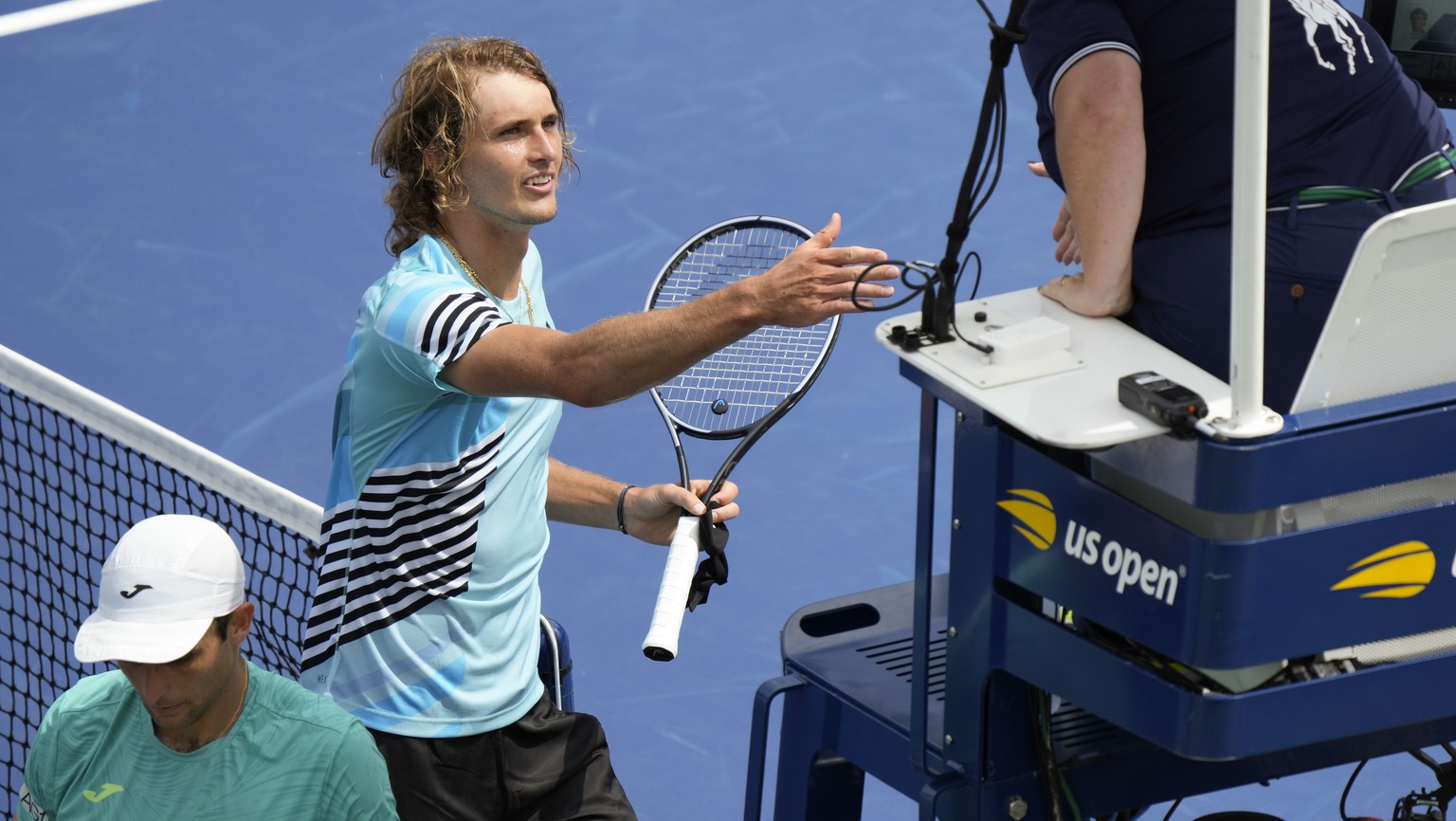 Alexander Zverev, of Germany, greets the chair umpire after defeating Aleksandar Vukic, of Australia, during the first round of the U.S. Open tennis championships, Tuesday, Aug. 29, 2023, in New York. ...