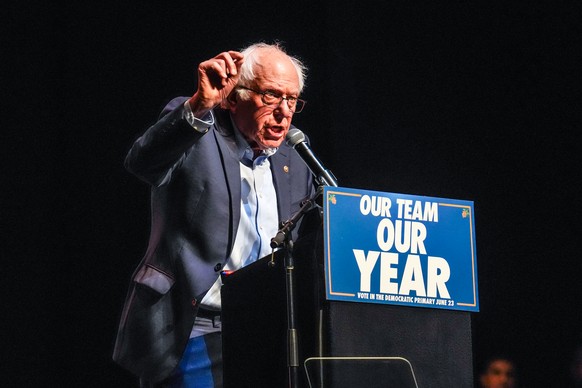 U.S. Sen. Bernie Sanders, I-VT., speaks during a Get Out The Vote rally ahead of New York's primary election, Thursday, June 18, 2026, in Brooklyn, New York. (AP Photo/Ryan Murphy)
Bernie Sanders
