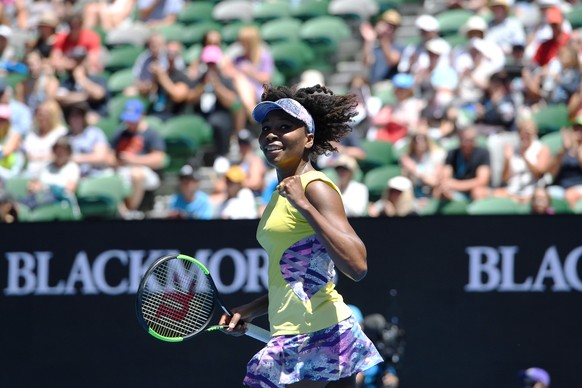 epa05725939 Venus Williams of the USA celebrates her win over Stefanie Voegele of Switzerland during round two of the Women&#039;s Singles at the Australian Open Grand Slam tennis tournament in Melbou ...