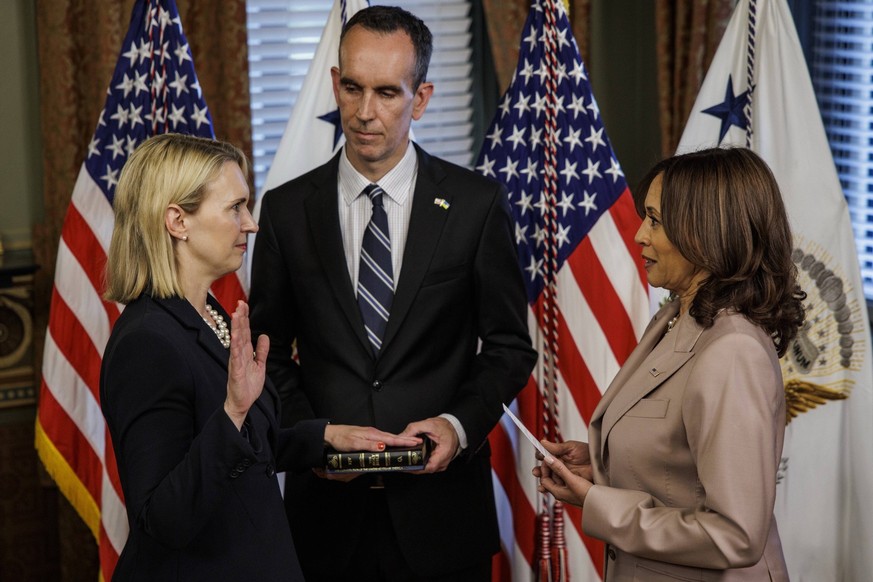 US Vice President Kamala Harris R swears in Bridget Brink L, US ambassador to Ukraine, in the Vice President s Ceremonial Office in Washington, DC on Monday, June 27, 2022. Brink was confirmed by the  ...
