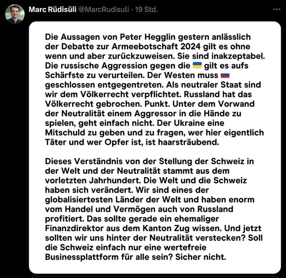 Marc Rüdisüli, Mitte-Jungpolitiker, kontert die fragwürdigen Pro-Russland-Aussagen des Parteikollegen Peter Hegglin.