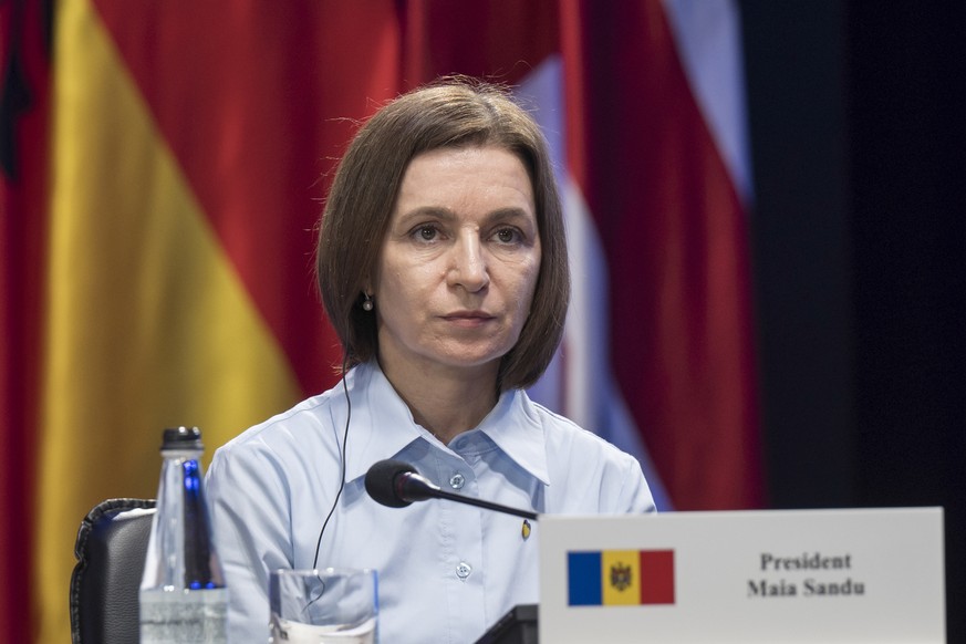 epa13188994 Moldova's President Maia Sandu attends a joint press conference during the Coalition of the Willing summit in Kyiv, Ukraine, 24 August 2026. EPA/MAXYM MARUSENKO