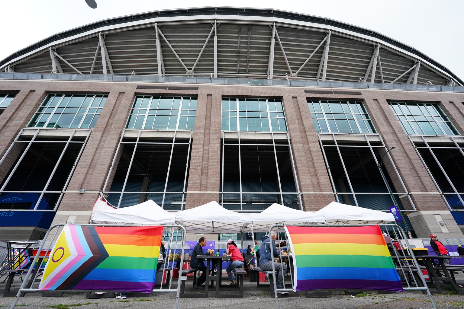 Pride flags are displayed at a dining area outside the stadium before the World Cup Group G soccer match between Egypt and Iran in Seattle, Friday, June 26, 2026. (AP Photo/Ted S. Warren)
Iran Egypt W ...