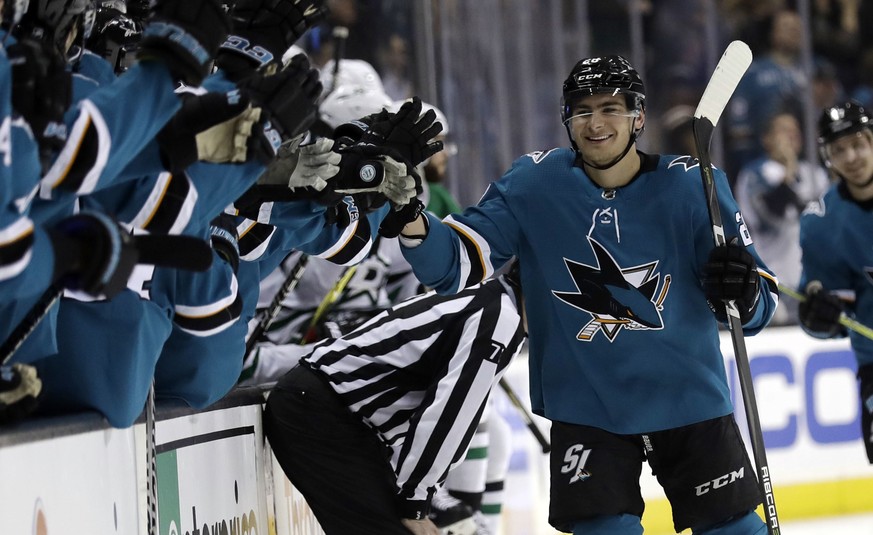 San Jose Sharks&#039; Timo Meier, right, celebrates with teammates after scoring against the Dallas Stars during the first period of an NHL hockey game Tuesday, April 3, 2018, in San Jose, Calif. (AP  ...