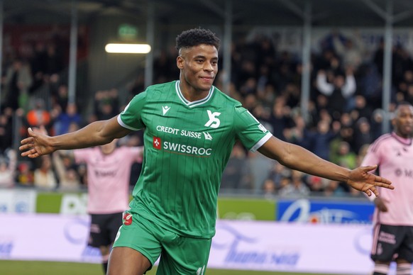 Yverdon&#039;s forward Kevin Carlos celebrates his goal after scoring the 1:1, during the Super League soccer match of Swiss Championship between Yverdon Sport FC and Servette FC, at the stade Municip ...