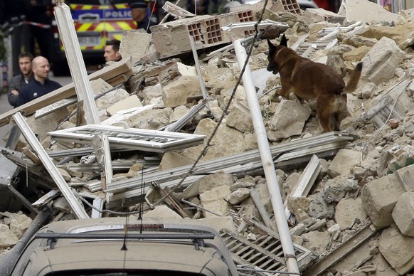 Firefighters take the help of a sniffer dog to locate possible trapped people in the debris of a collapsed building in Marseille, southern France, Monday, Nov. 5, 2018. A building collapsed in the sou ...