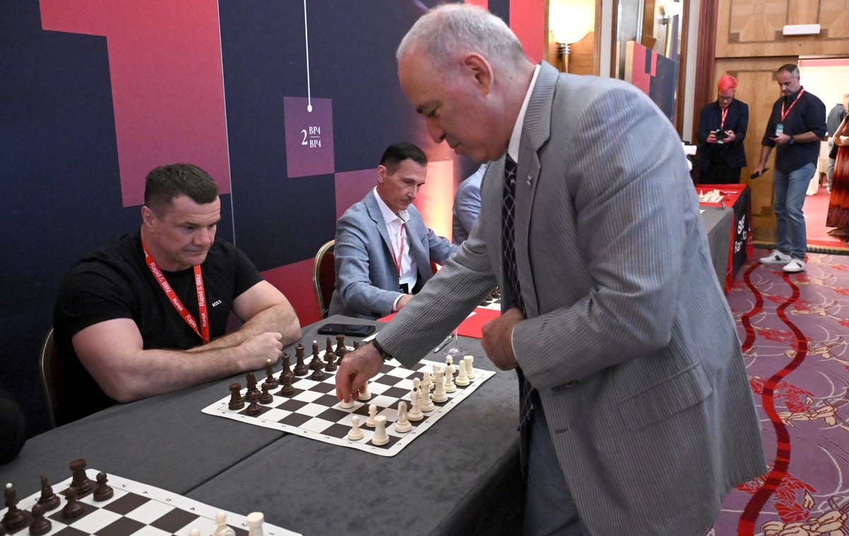 Super Rapid &amp; Blitz Croatia 2026. Grand Chess Tour Mirko Filipovic CroCop and chess grandmaster Garry Kasparov during Opening Ceremony of Super Rapid &amp; Blitz Croatia 2026. Grand Chess Tour at  ...