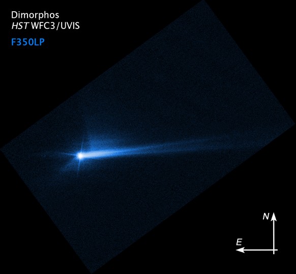 This imagery from NASA’s Hubble Space Telescope from Oct. 8, 2022, shows the debris blasted from the surface of Dimorphos 285 hours after the asteroid was intentionally impacted by NASA’s DART spacecr ...