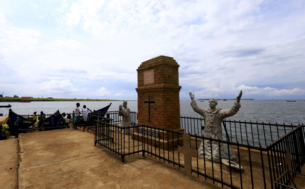 A statue of the first catholic missionaries of French origin is seen on the shore of Lake Victoria, marking the spot where Father Simeon Lourdel and Brother Amans landed 136 years ago, in Kigungu, nea ...