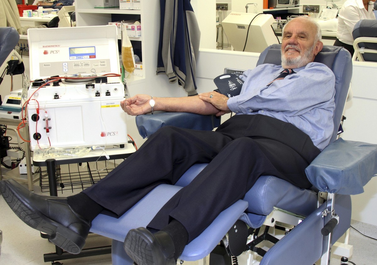 In this May, 2011, photo provided by Australian Red Cross Lifeblood donor James Harrison, credited with saving 2.4 million babies through his record-breaking blood plasma donations over decades, is gi ...