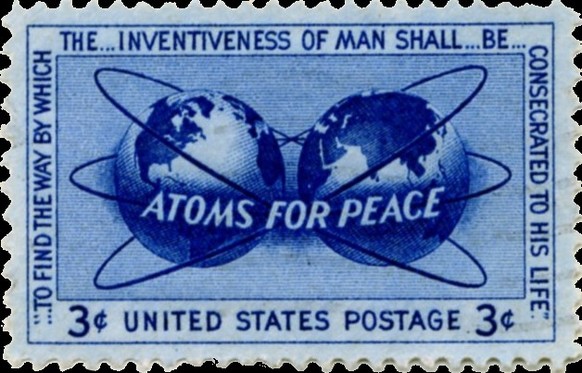 https://de.wikipedia.org/wiki/Atoms_for_Peace#/media/Datei:Atoms_for_Peace_stamp.jpg

Atoms for Peace U.S. postage stamp, from 1955. Dwight D. Eisenhower.