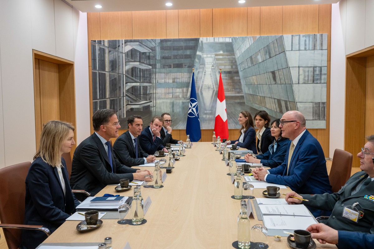 HANDOUT - NATO Secretary General Mark Rutte meets with Martin Pfister, Head of the Federal Department of Defence, Civil Protection and Sport of Switzerland at NATO Headquarters in Brussels, Belgium, o ...