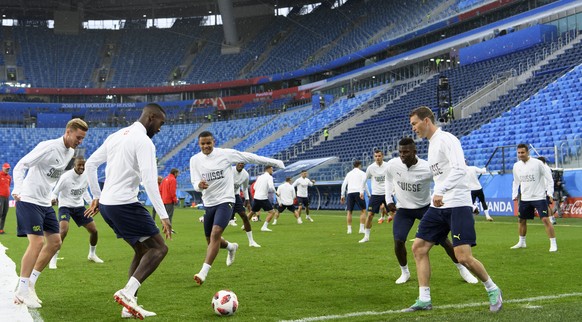 From left, Switzerland&#039;s defender Nico Elvedi, Switzerland&#039;s defender Johan Djourou, Switzerland&#039;s defender Manuel Akanji, Switzerland&#039;s forward Breel Embolo and Switzerland&#039;s ...