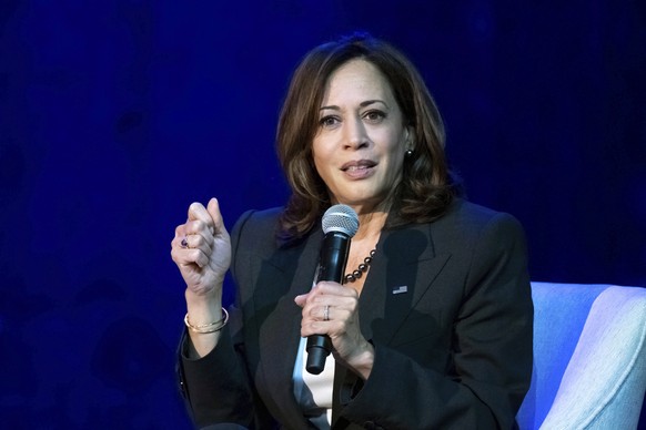 Vice President Kamala Harris speaks at the Nate Holden Performing Arts Center in Los Angeles Monday, Oct. 17, 2022. Harris, Los Angeles city mayoral candidate Karen Bass and Celinda Vazquez, VP of Pub ...