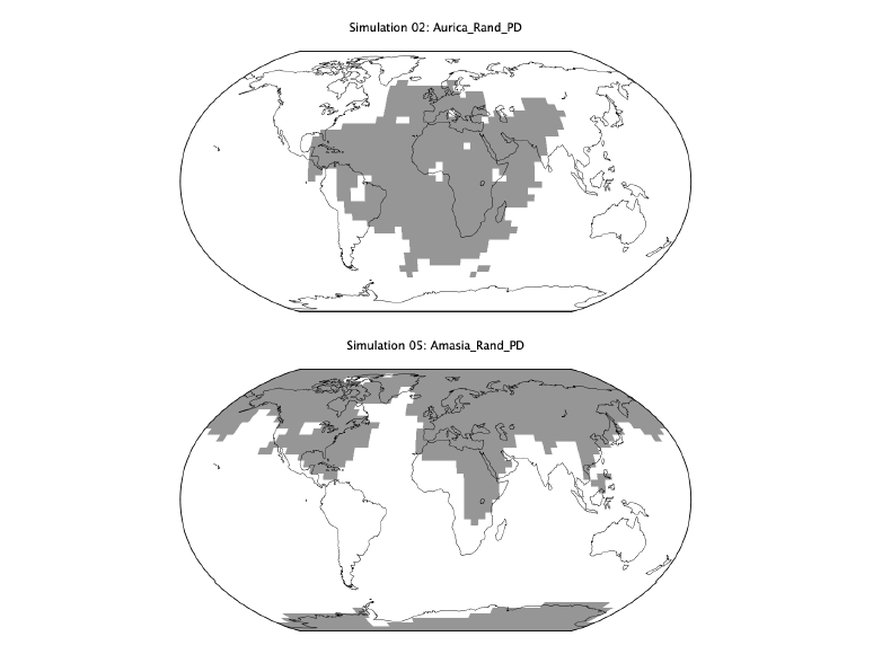 How land could be distributed in the Aurica supercontinent (top) versus Amasia. The future land configurations are shown in gray, with modern-day outlines of the continents for comparison.