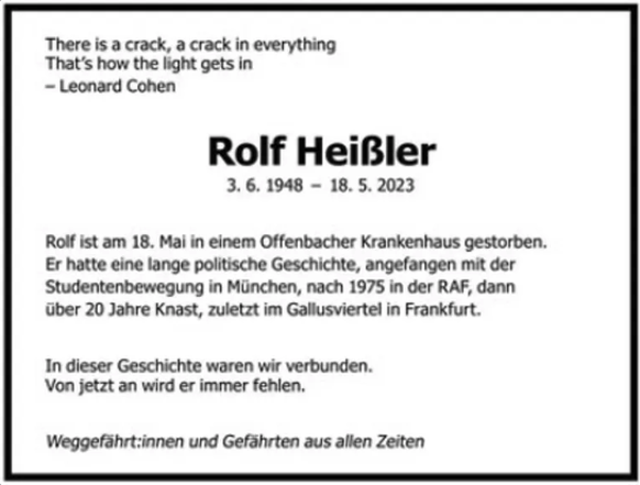 Die Todesanzeige von Rolf Heissler in der «Süddeutschen» am Wochenende: Wer die Anzeige in Auftrag gab, ist nicht bekannt.