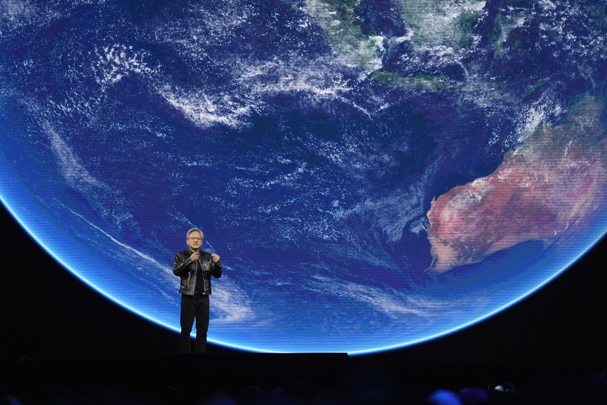 CEO Jensen Huang speaks about AI and climate during the keynote address of Nvidia GTC in San Jose, Calif., Monday, March 18, 2024. (AP Photo/Eric Risberg)
Jensen Huang