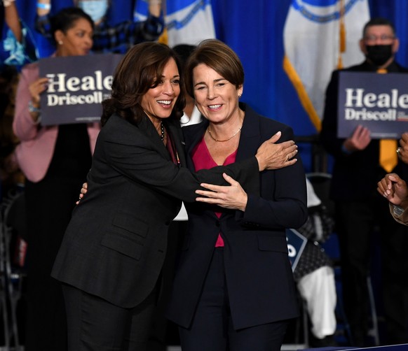 epa10282677 Vice President Kamala Harris (L), and candidate for governor Maura Healey (R) embrace at the conclusion of a rally at the Reggie Lewis Athletic Center, in Boston, Massachusetts, USA, 02 No ...