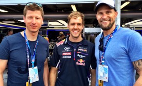 Schnelle Männer aus dem Alpenraum: Hannes Reichelt, Formel-1-Weltmeister Sebastian Vettel und Marco Büchel (von links).
