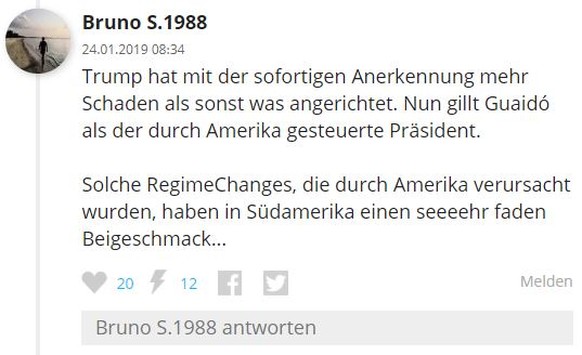 Krisenstaat Venezuela â Â«Die schnelle UnterstÃ¼tzung der USA ist eher kontraproduktivÂ»
Dieses Interview hÃ¤tte in Form eines Kommentars hier auf Watson bloss 20 Likes und 12 Dislikes erhalten.