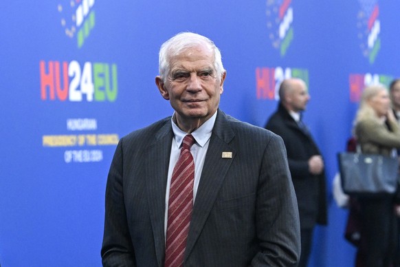 epa11709624 High Representative of the European Union for Foreign Affairs and Security Policy Josep Borrell arrives for an informal summit of the European Council at the Puskas Arena in Budapest, Hung ...