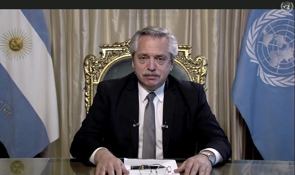 In this image made from UNTV video, Alberto Fernández, President of Argentina, speaks in a pre-recorded message which was played during the 75th session of the United Nations General Assembly, Tuesday ...
