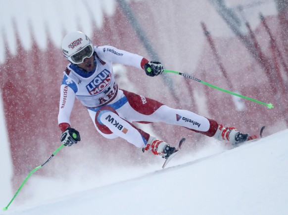 Switzerland&#039;s Carlo Janka speeds down the course during the men&#039;s downhill race, at the alpine ski World Championships in Are, Sweden, Saturday, Feb. 9, 2019. (AP Photo/Gabriele Facciotti)